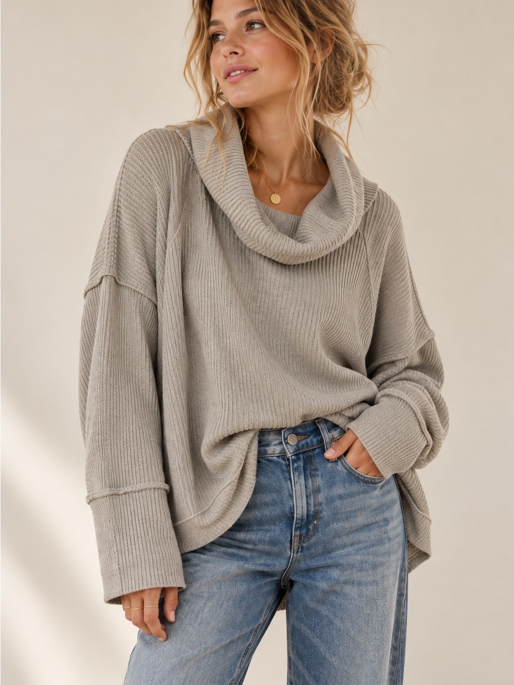 We The Free Free People Cowl Neck Oversized Ribbed Sweater XS